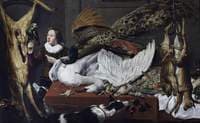 Game Larder Still Life: Hung Games with a Swan and Peacock on a Table