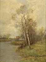 River Landscape with Village View