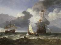 A Smalschip with Two Dutch Indiamen coming to Anchor