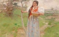 A peasant woman with a basket with Easter eggs