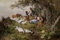 Rural idyll with playing children, farmer and flock of geese on a spring day