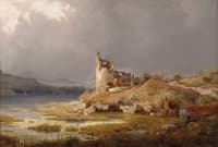 River landscape with castle ruins