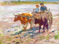 Man and Child on an Ox Cart