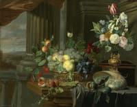 Still Life of a Basket of Fruit, Flowers in a Gilt Vase, a Nautilus Shell...