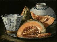 A Still-Life with Melon, an Octagonal Blue and White Cup on a Silver Charger,