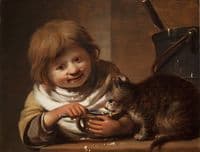 Child Feeding a Cat