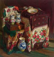 Still Life with Transylvanian Embroidery and Ceramics