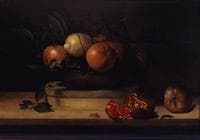 Bowl of Lemons and Oranges on a Box of Wood Shavings and Pomegranates
