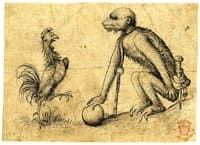 A fighting cock facing a chained monkey,