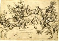 Combat of two wild men on horseback