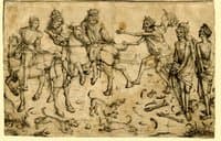 Three living and three dead kings; to the left are three kings on horseback