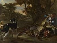 A Huntsman Cutting up a Dead Deer, with Two Deerhounds