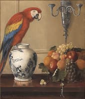 Still life of Macaw, Chinese Vase and Fruit