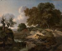 A Wooded Landscape with Travelers and a Dog on a Path