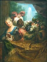Young Black Girl Holding a Fruit Basket and Young Girl Holding a Dog