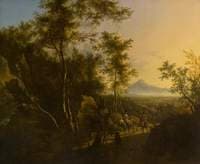 A Wooded Scene with a Sportsman, His Dog and a Hawking Party