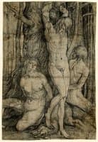The three prisoners; three naked men bound to a tree