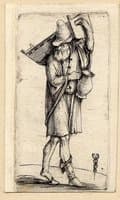 Man holding a cradle on his shoulder and a jug in the other hand