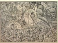 Battle between men and satyrs, with numerous figures fighting in a rocky landscape