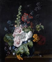 Hollyhocks and Other Flowers in a Vase