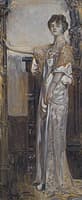 Haughty Woman Standing by Carved Wood Furniture