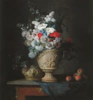 Bouquet of Flowers in a Terracotta Vase, with Peaches and Grape