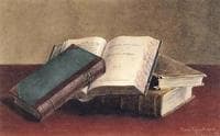 Open Book Propped against Two Stacked Volumes