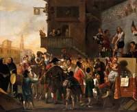 A Crowd Watching a Group of Quack-Doctors on a Stage Outside an Inn