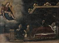 A Man and Woman Praying to the Virgin and Christ with a Woman in Bed Attended by a Nurse
