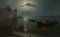 Coastal Scene in Málaga with a Castle Ruin and Fishermen
