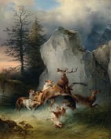 Two Deer Hounded by Dogs in a Mountain Stream