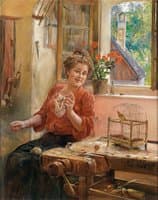 Lady Knitting at the Window with Canary