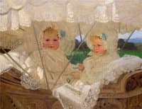 The artist's twin daughters in a pram