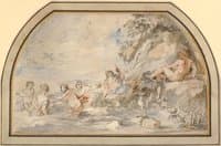Two River Gods Observing a Group of Four Naiads Standing in Water