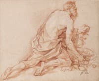 A Kneeling Man with a Basket of Grapes and Vine Leaves in his Hand