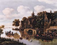 A River Landscape with a Village in the Foreground and Figures Drinking outside an Inn