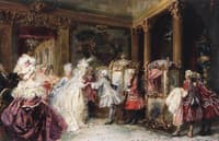 Elegant Figures entering Sedan Chairs in an Interior