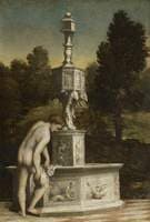 A Man Drying Himself Beside a Fountain