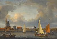 A River Landscape with Fishermen in Rowing Boats and Windmills Beyond