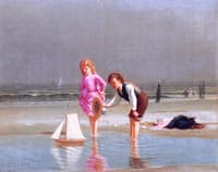 Children Playing with Toy Sailboat