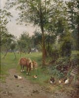 Summer Landscape with Grazing Mare and Foal
