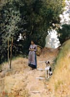 Contadina con gerla e cane