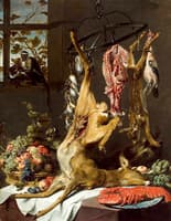 Still Life with Game Suspended on Hooks, a Lobster on a Porcelain Plate and a Basket of Grapes, Apples, Plums and Other Fruit on a Partly Draped Table with Two Monkeys