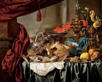 Pronk Still Life with Silver and Gilt Vessels, a Nautilus Shell, Porcelain, Food and Other Items on a Draped Table
