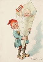 Brownie holding a large cornet with a boy
