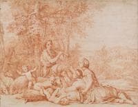 Pastorale Scene with Two Nymphs Listening a Shepherd Playing the Flute
