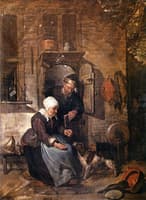 An Old Woman Feeding a Dog