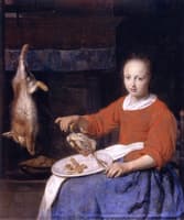 A Kitchen Maid Skewering Poultry
