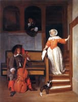 A Man Tuning a Violoncello and a Woman Descending the Stairs