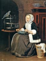 A Woman Sewing, with a Parrot